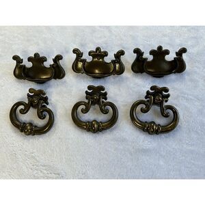 Vintage Drawer Pulls/Knobs/Handles Mixed Lot of Six, Three Each Dark Brass